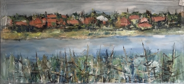 Maleri med sø og huse