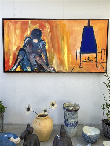 Maleri 60 x 120 cm. Ild i kakkelovnen.