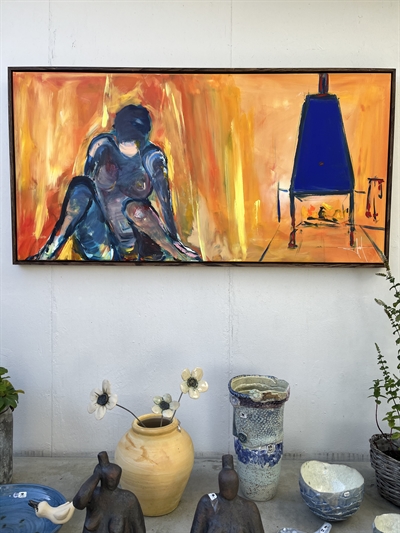 Maleri 60 x 120 cm. Ild i kakkelovnen.