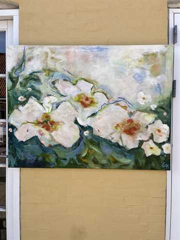 Maleri 90 x 120 cm, blomster på blågrøn bund