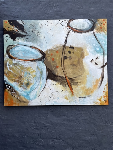 Maleri 100 x 120 cm, 2 krukker i sneen