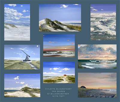 Kunstkort i pakke af 9 stk. Skønne Skagensmotiver af Billedkunstner Gitte Toft. 